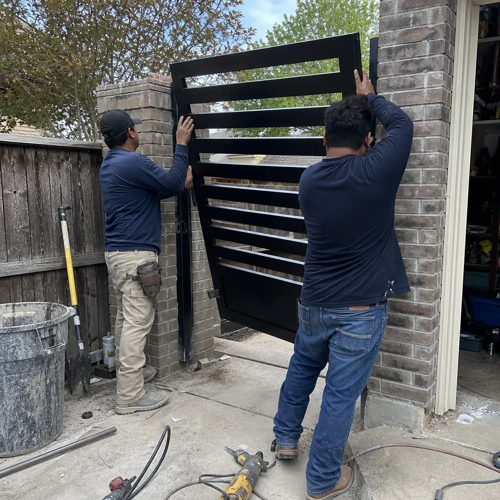 Two technicians installing a new custom metal gate onto a brick column