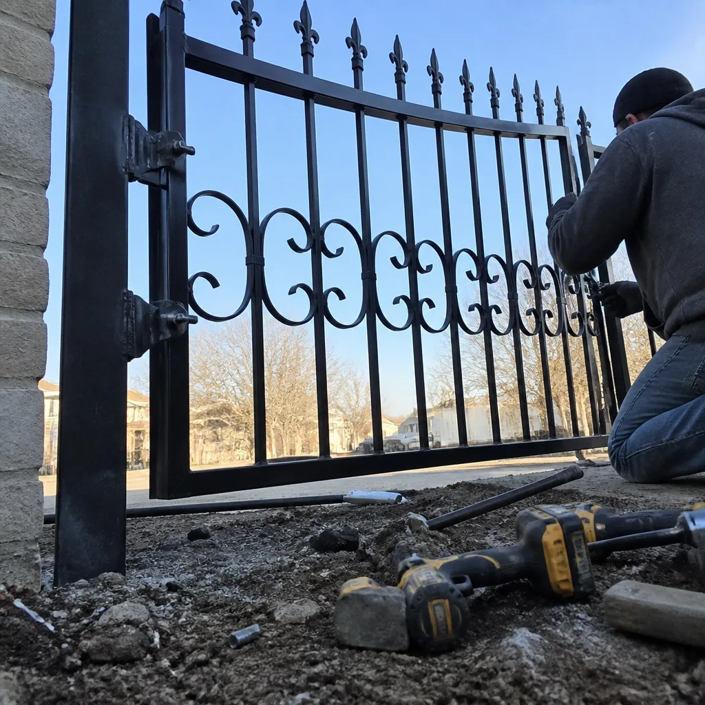 Professional contractor installing an ornamental black metal gate
