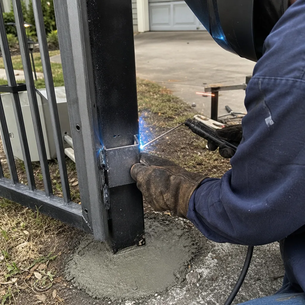 professional performing metal gate repair and welding