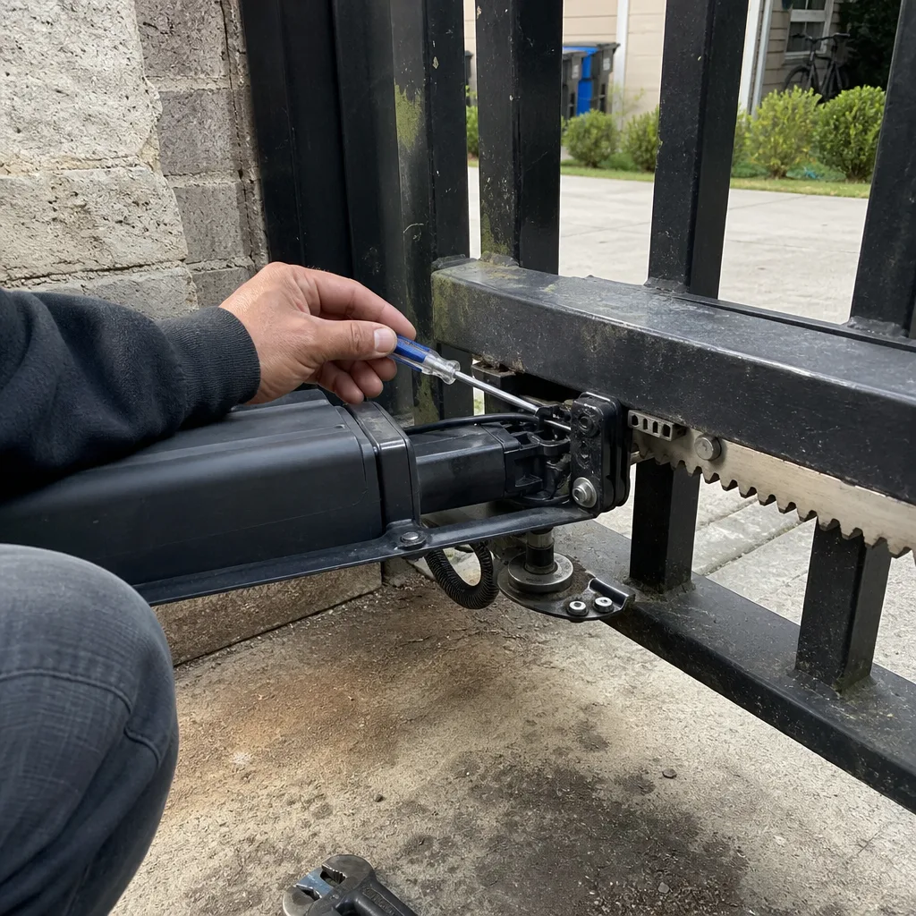 Technician performing maintenance and repair on an automatic gate motor