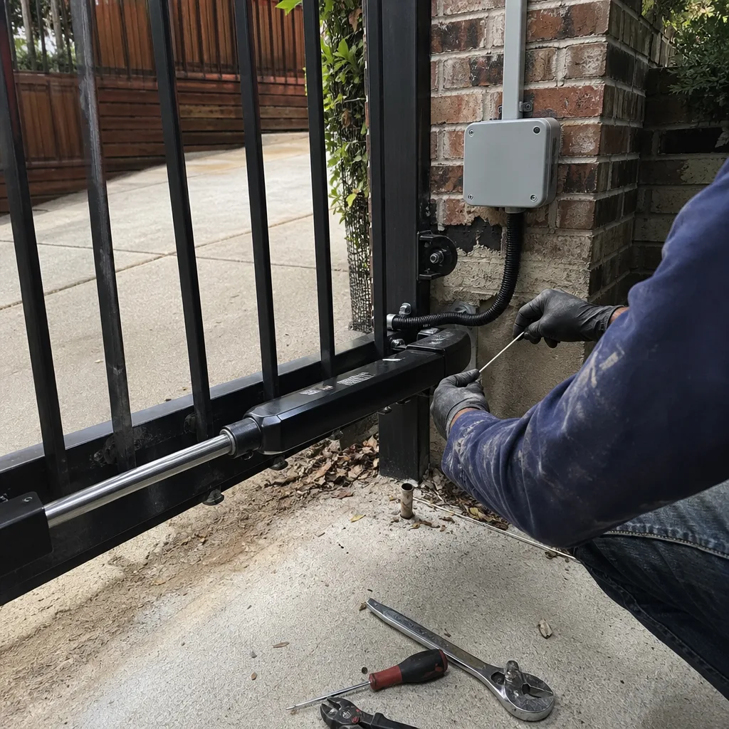 Technician performing professional gate motor and automatic opener repair services