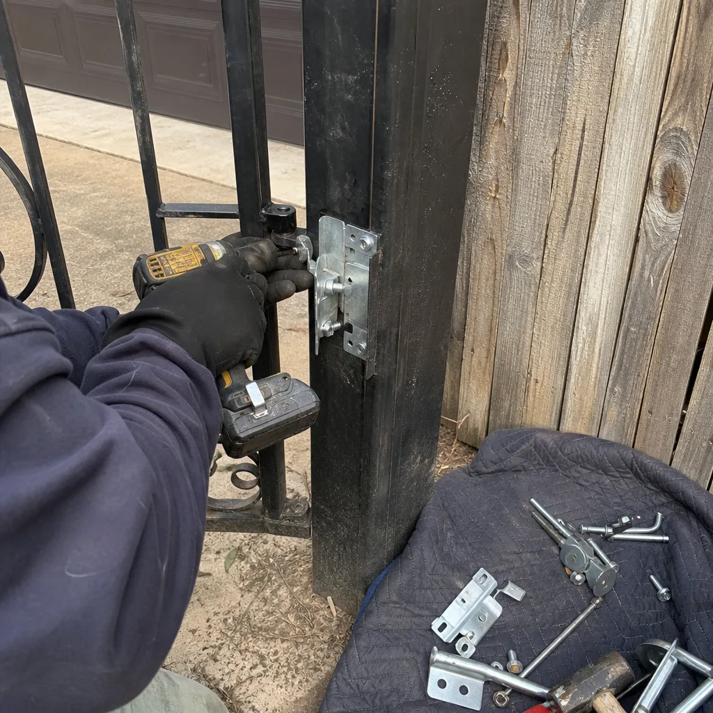 Technician using power drill to repair metal gate latch mechanism