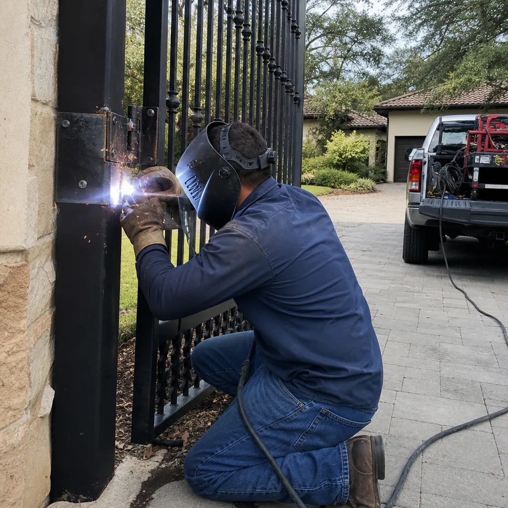 Professional welder performing onsite residential metal gate repair and welding service