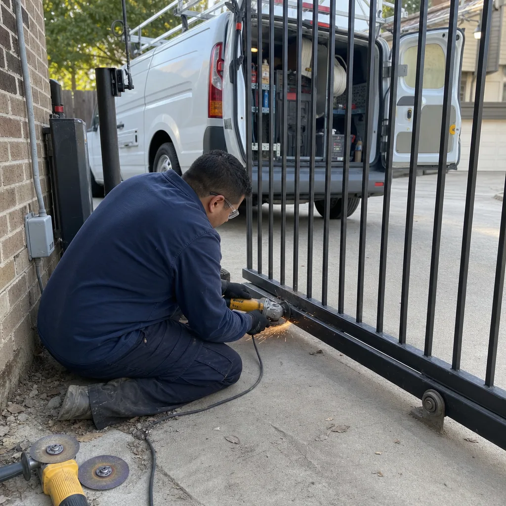 Technician using an angle grinder to repair a metal sliding gate