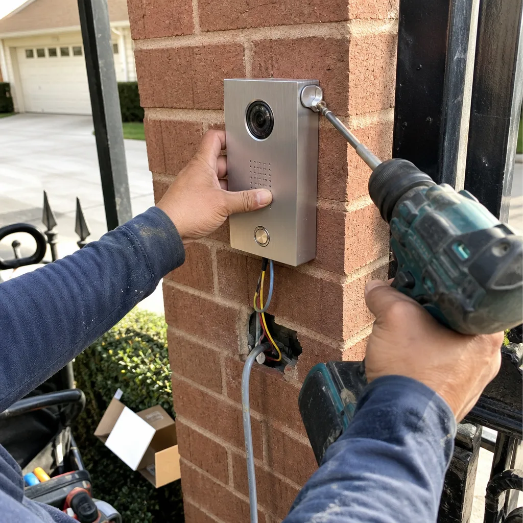 Technician installing a video intercom gate access control system on brick nationwide