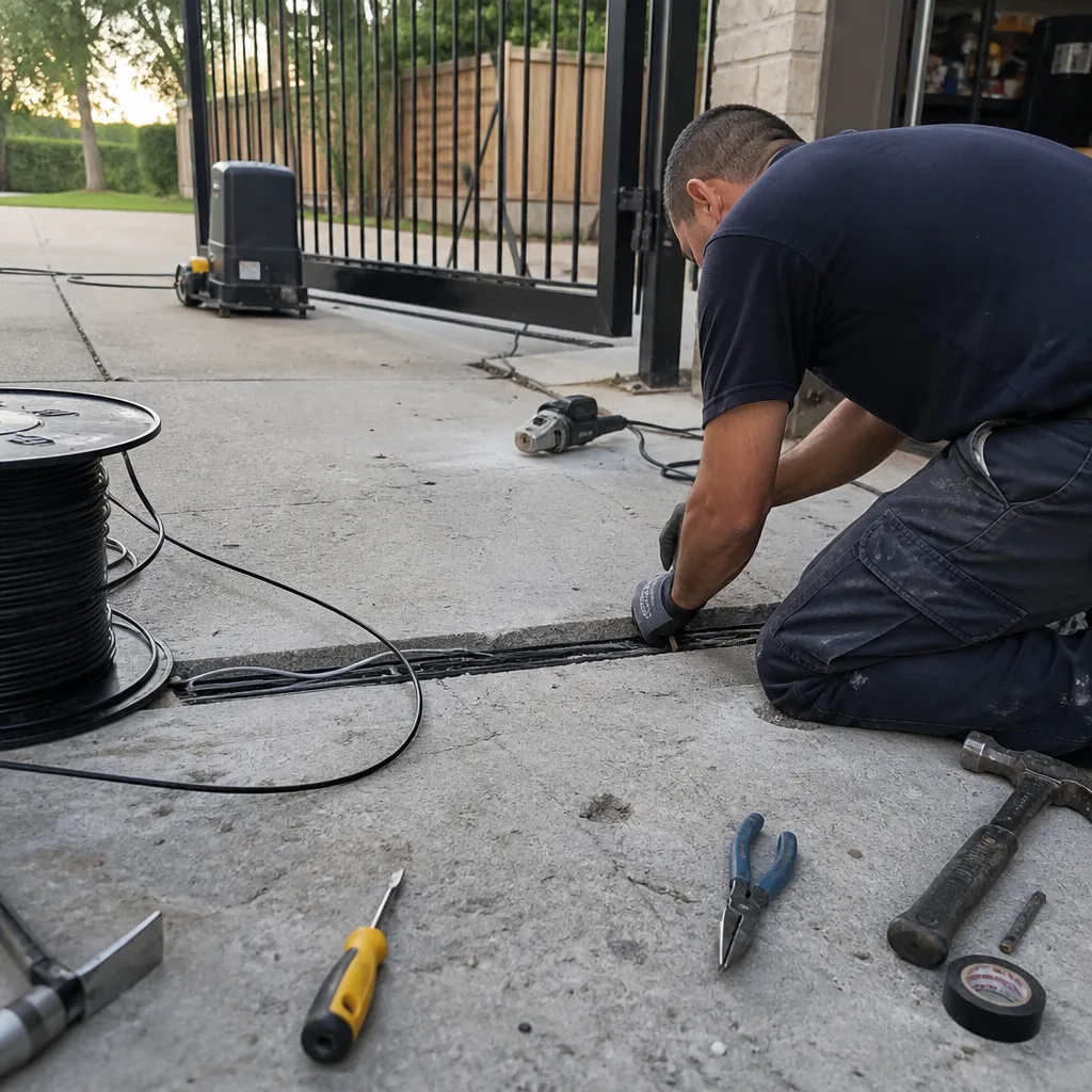 Technician performing automatic gate access control installation and wiring repair in Coppell, TX