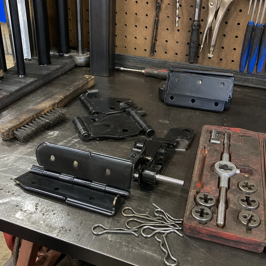 Assorted gate repair hardware and professional threading tools on a workshop bench nationwide